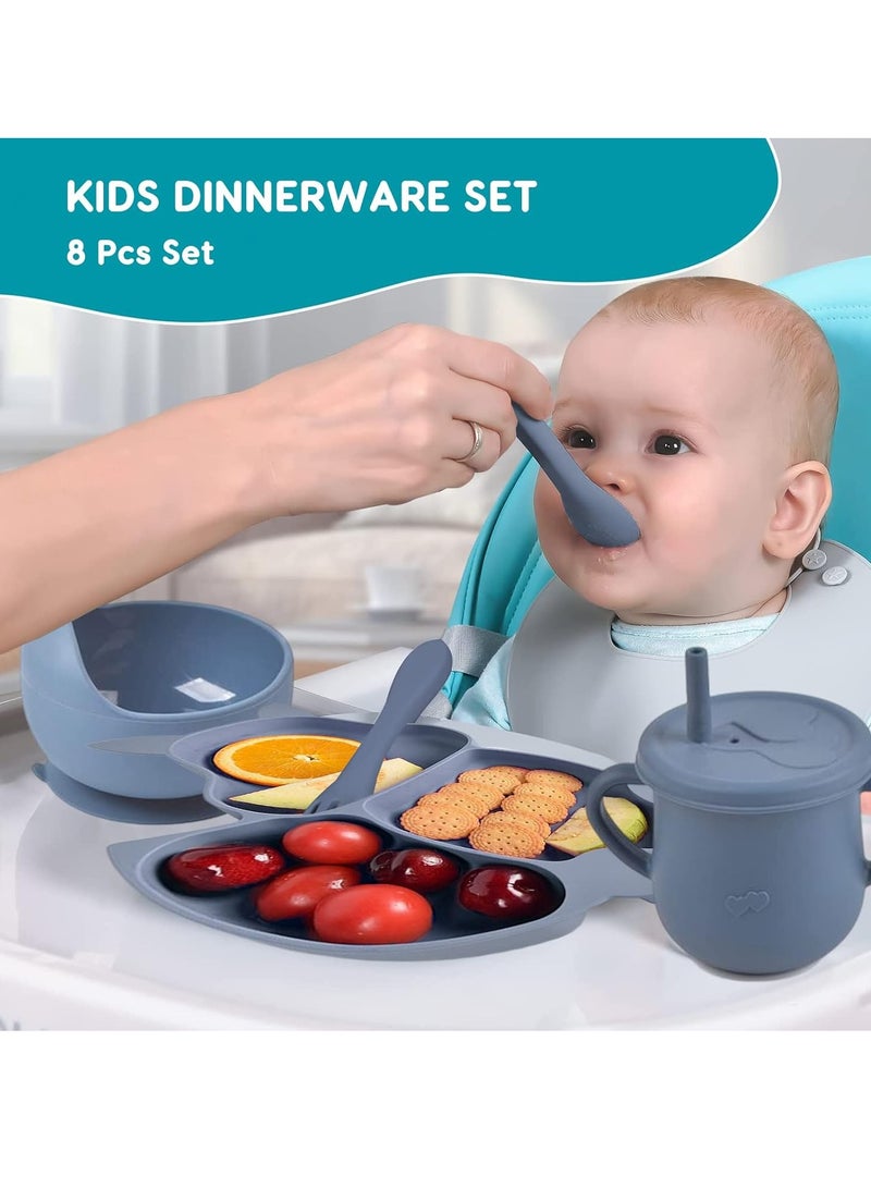 general Baby tableware set 8-piece set with suction cup, dinner plate, bowl, spoon, fork set with apron, baby food tableware, children's dining set, bisphenol A-free, food-grade silicone, birth gift (dark blue) - Image 2