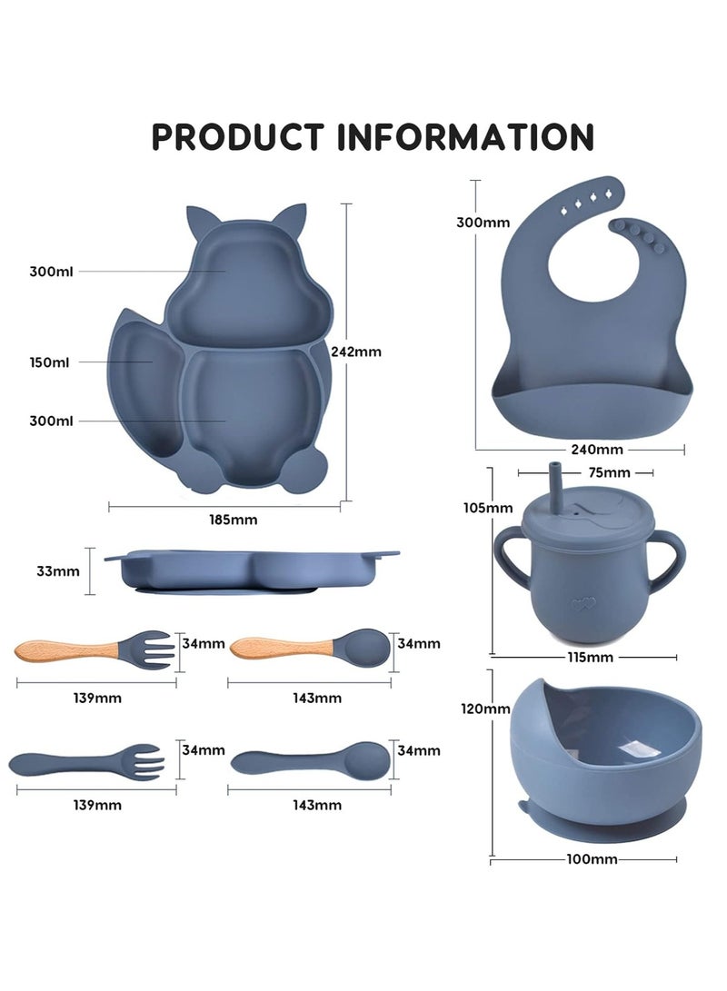 general Baby tableware set 8-piece set with suction cup, dinner plate, bowl, spoon, fork set with apron, baby food tableware, children's dining set, bisphenol A-free, food-grade silicone, birth gift (dark blue) - Image 3