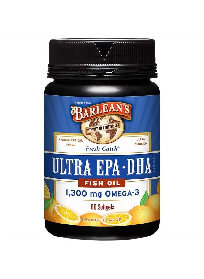BARLEAN'S مكمل زيت السمك أوميغا 3، كبسولات زيت السمك الناعمة فائقة EPA DHA للأعصاب والدماغ وصحة القلب، 1000 ملغ بنكهة البرتقال، 60 حبة - Image 1