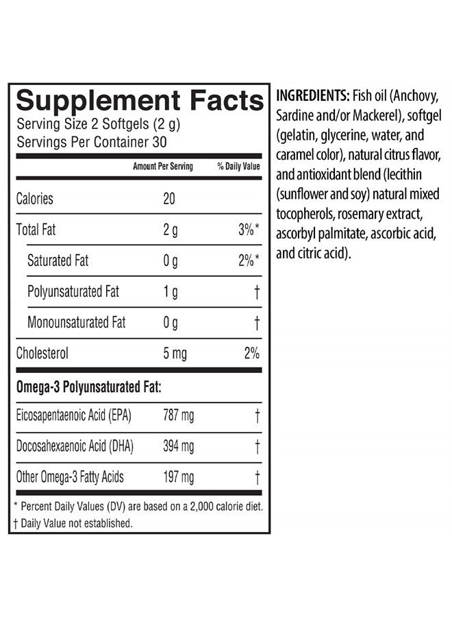 BARLEAN'S مكمل زيت السمك أوميغا 3، كبسولات زيت السمك الناعمة فائقة EPA DHA للأعصاب والدماغ وصحة القلب، 1000 ملغ بنكهة البرتقال، 60 حبة - Image 3