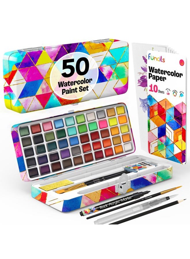 Funcils Watercolor Paint Set - 50 Travel Watercolors Set - Water Colors Paint for Adult, Kids, Beginners, Professional Artists | Watercolor Palette with Paper, Brush, Pen | Art Supplies for Adults - Image 1