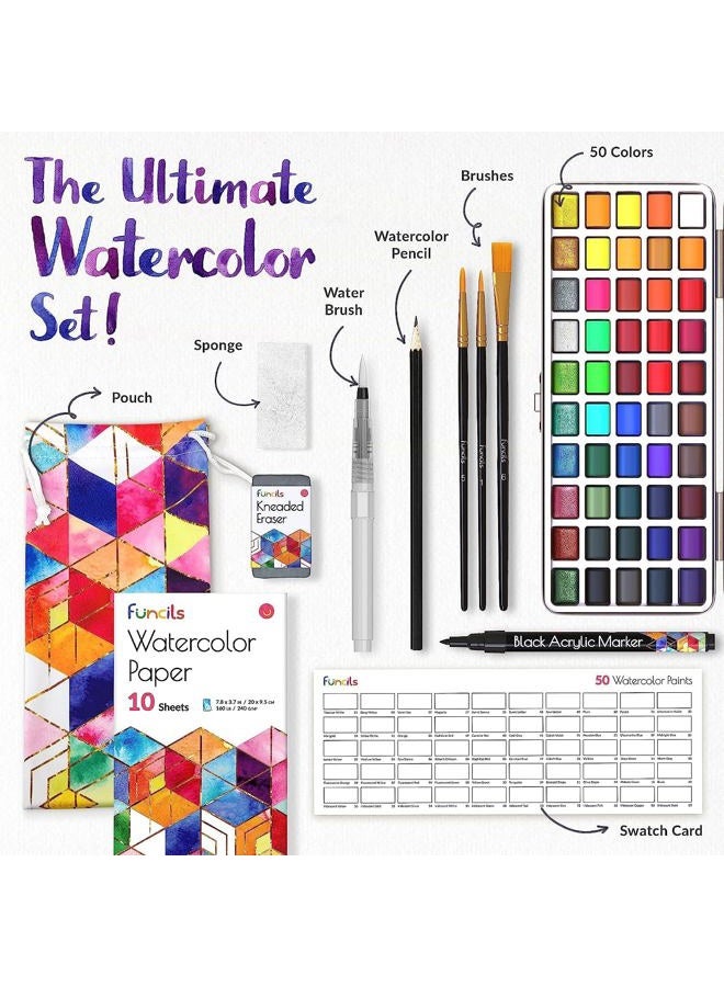 Funcils Watercolor Paint Set - 50 Travel Watercolors Set - Water Colors Paint for Adult, Kids, Beginners, Professional Artists | Watercolor Palette with Paper, Brush, Pen | Art Supplies for Adults - Image 2