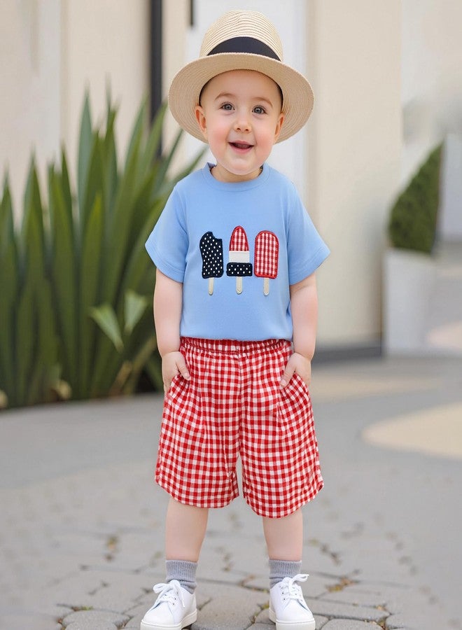 SAYOO 4th of July Toddler Baby Boy Clothes American Flag Ice Cream Embroidery Short Sleeve T Shirt Plaid Shorts 2Pcs Clothes (A Blue, 12-18 Months) - Image 3