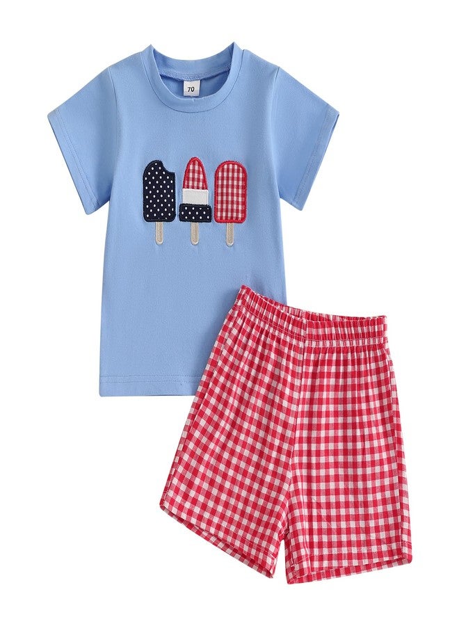SAYOO 4th of July Toddler Baby Boy Clothes American Flag Ice Cream Embroidery Short Sleeve T Shirt Plaid Shorts 2Pcs Clothes (A Blue, 12-18 Months) - Image 1