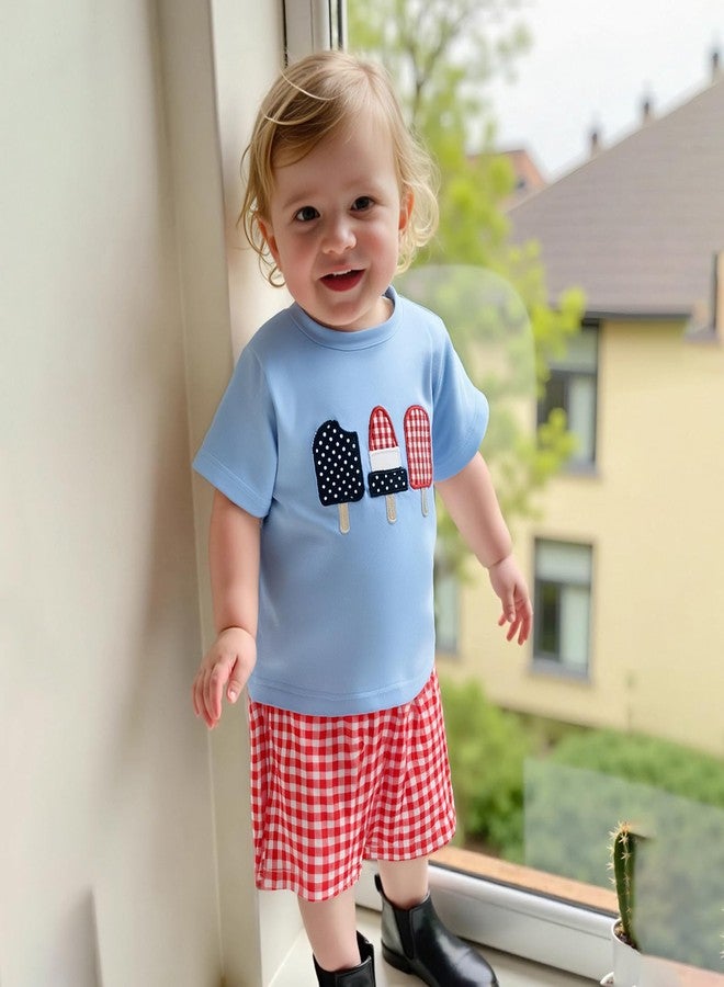 SAYOO 4th of July Toddler Baby Boy Clothes American Flag Ice Cream Embroidery Short Sleeve T Shirt Plaid Shorts 2Pcs Clothes (A Blue, 12-18 Months) - Image 2