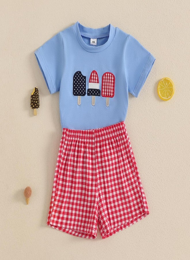 SAYOO 4th of July Toddler Baby Boy Clothes American Flag Ice Cream Embroidery Short Sleeve T Shirt Plaid Shorts 2Pcs Clothes (A Blue, 12-18 Months) - Image 4