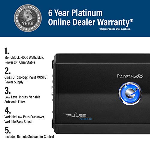 Planet Audio PL4000.1D Pulse Series Class D Monoblock Car Amplifier – 4000 High Output, 1 Ohm Stable, Low Level Inputs, Low Pass Crossover, MOSFET, Hook Up to Subwoofer for Bass - Image 3