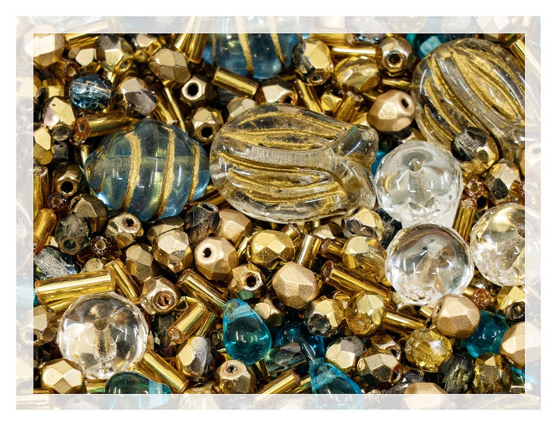 60 g Mix of Unique Czech Bohemia Glass Pressed Beads Rocailles Aztec Pale Gold Crystal Matte and Glossy Hand Made BCV