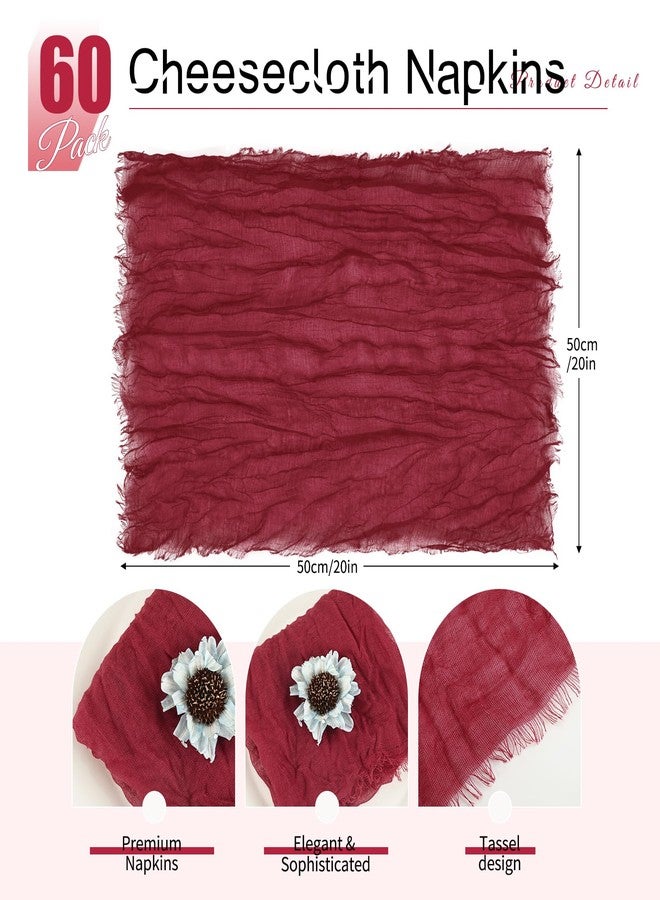 fani 60 Pack Gauze Cheesecloth Napkins 20"x20" Burgundy Cloth Napkin Handmade Gauze Napkin with Fringe Boho Wrinkled Table Napkin Bulk Rustic Cotton Dinner Napkins for Wedding Party Baby Shower - Image 2