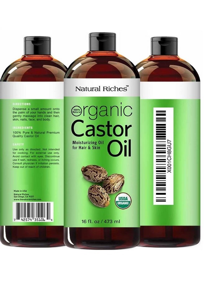 Natural Riches - Organic Castor Oil Cold Pressed Usda Certified For Dry Skin Hair Loss Dandruff Thicker Hair Moisturizes Skin Helps Hair Growth Thicker Eyelashes Eyebrows Hexane Free16 Fl. Oz. - Image 1