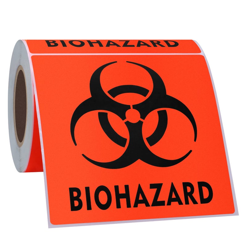Hybsk 100 PCS Biohazard Labels Warning Sign 4 x 4 inch Fluorescent Red-Orange Hazardous Stickers for Hospital Waste Containers (Biohazard) - Image 4