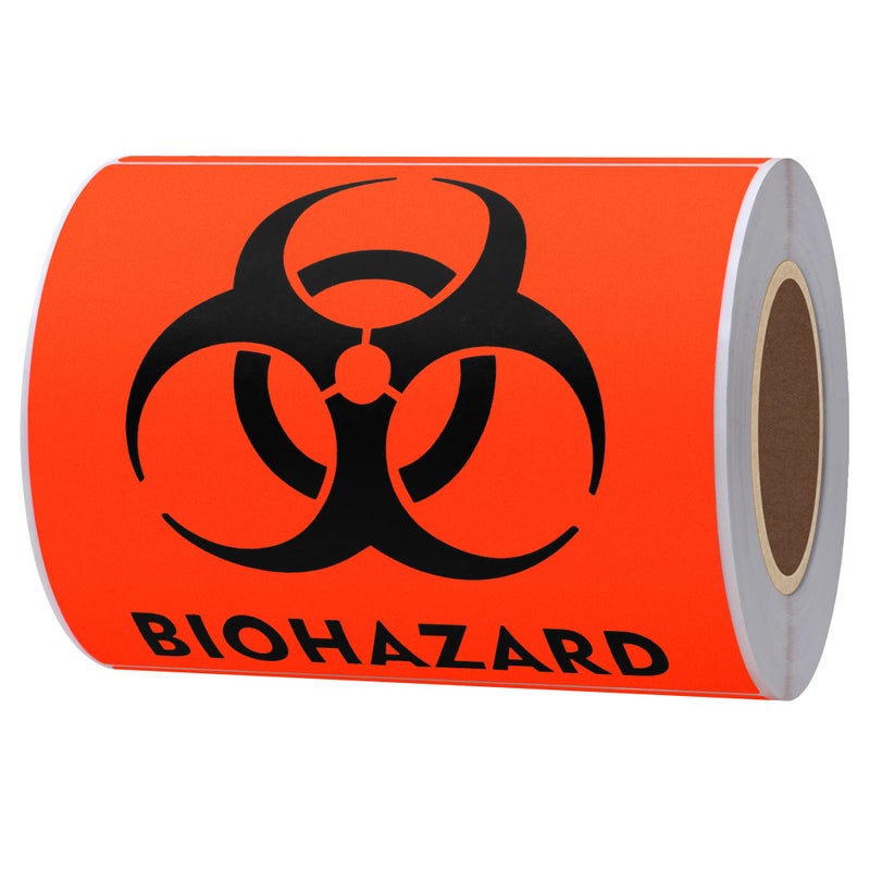Hybsk 100 PCS Biohazard Labels Warning Sign 4 x 4 inch Fluorescent Red-Orange Hazardous Stickers for Hospital Waste Containers (Biohazard) - Image 1
