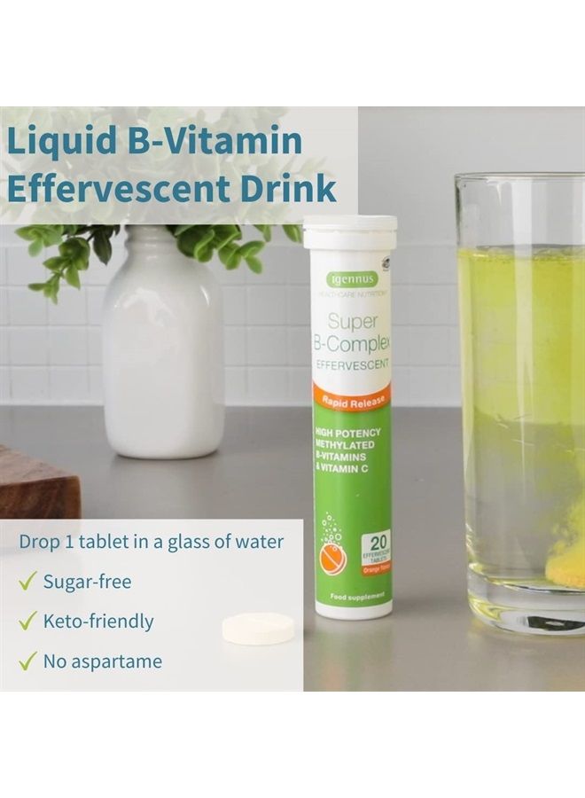 Super B-Complex Liquid B-Vitamin Effervescent Drink, Methylated, Fast Action Energy Supplement, Caffeine-Free, Sugar-Free, Orange Flavor, Vegan, 20 Effervescent Tablets, by Igennus