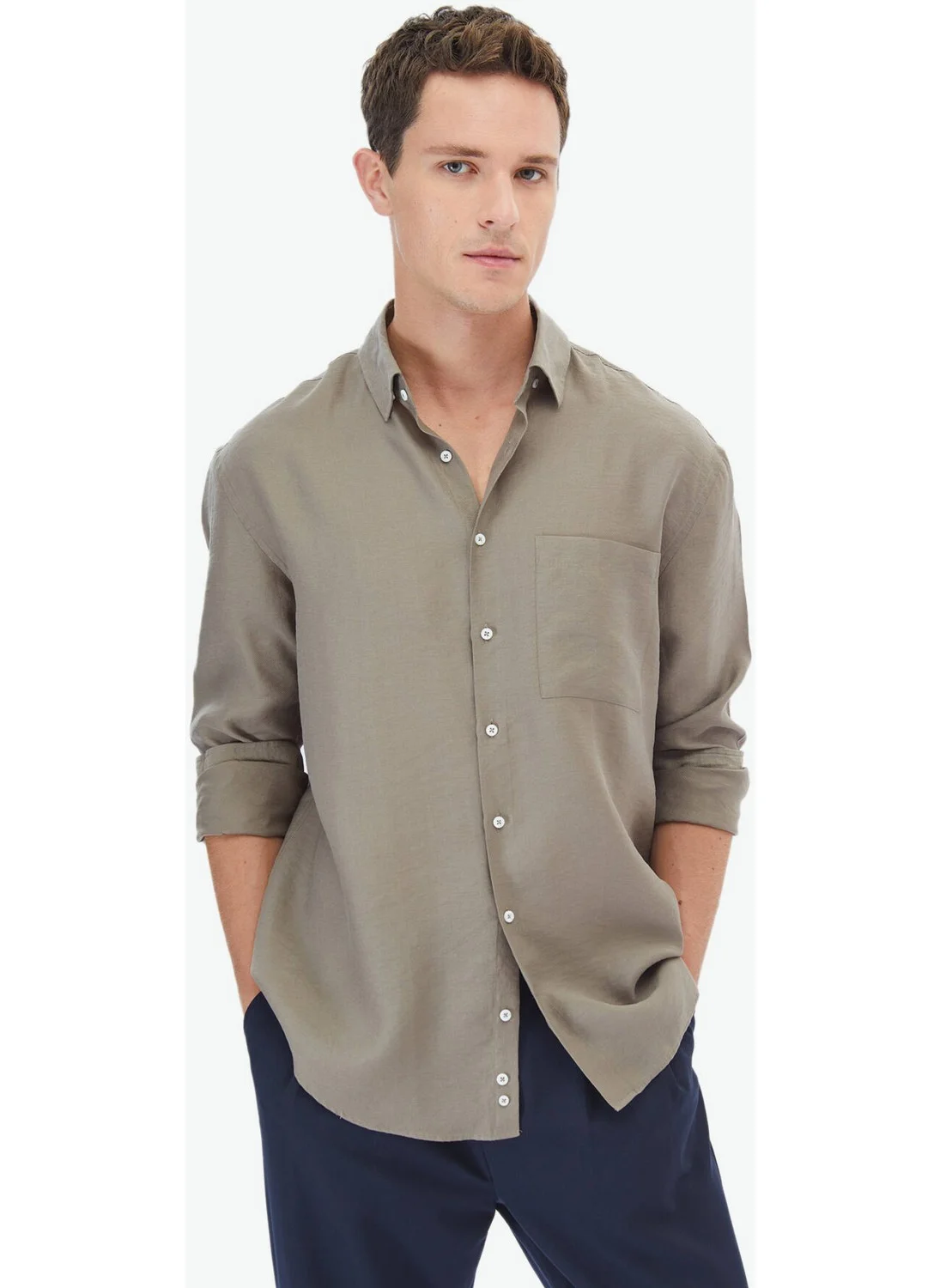 Kip Dark Mink Plain Oversize Fit Woven Casual Shirt