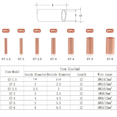 Teansic 250Pcs Wire Ferrules Kit 7 Size Copper Crimp Connector Non Insulated Electrical Butt Terminal Assortment Kit - Image 2