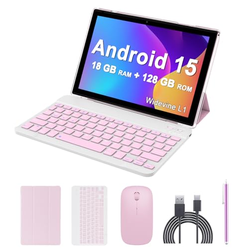 Aheadlink Android 15 Tablet, 10 inch 2 in 1 Tablets with Keyboard, 18GB RAM 128GB ROM 2TB Expand, Quad-Core 2.0Ghz CPU, 5G WiFi 6, BT5.0, 1280x800 HD Touchscreen, 6000mAh, Widevine L1, GMS Tablet, Pink - Image 1