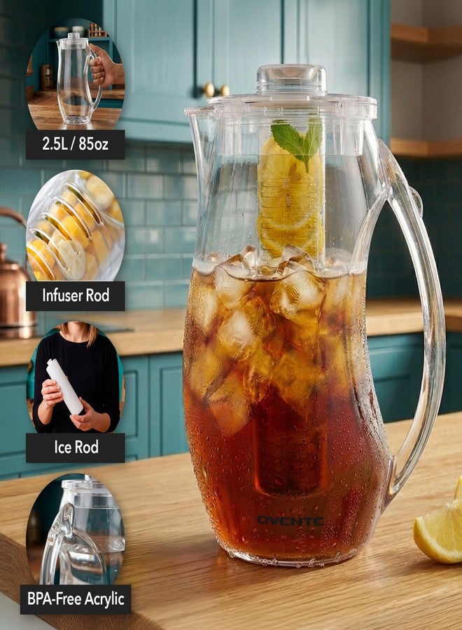 OVENTE Fruit Infusion Water Pitcher 2.5L/85Oz with Removable Lid and Infuser Rod, BPA-Free, Shatterproof Acrylic Beverage Jug for Flavor-Infused Drinks, Lemonade, Juice and Iced Tea, Clear PIA0852C - Image 2