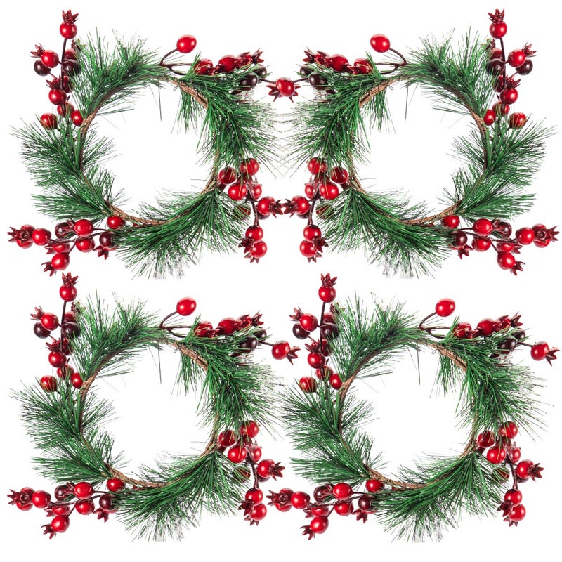 Christmas Candle Rings 43 Inches Candle Wreaths Candle Garland with Artificial Red Berries Xmas Wreath Candle Holder for Christmas Wedding Table Dinner Party Decoration 4 Pcs