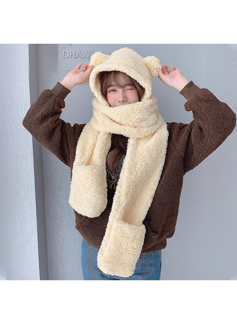 Generic - Autumn/winter Bear Hat Scarf Set Womens Warm Plush Gloves Three-piece Set Cute Hooded Ear Protection Winter Accessories Grey - Image 1
