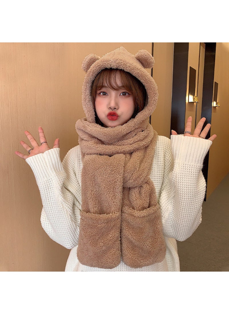 Generic - Autumn/winter Bear Hat Scarf Set Womens Warm Plush Gloves Three-piece Set Cute Hooded Ear Protection Winter Accessories Grey - Image 1