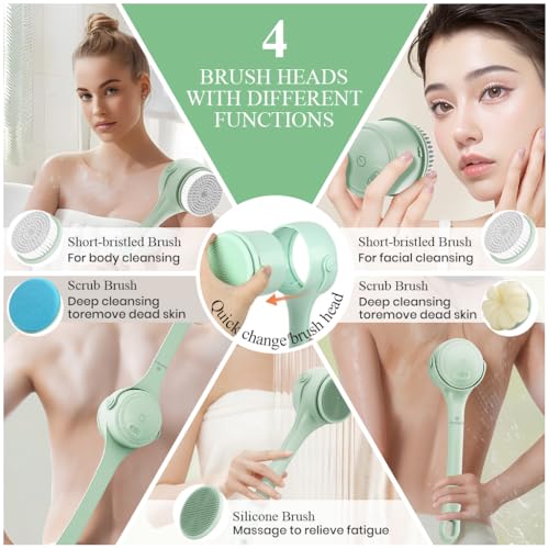 HANNEA® Electric Bath Brush 360° Rotatable Electric Shower Brush with 4 Replace Heads & 2 Modes 1200mAh USB Rechargeable Dual Handle Design Used for Exfoliating and Back Cleaning (Green) - Image 3