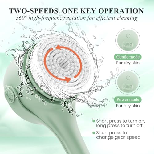 HANNEA® Electric Bath Brush 360° Rotatable Electric Shower Brush with 4 Replace Heads & 2 Modes 1200mAh USB Rechargeable Dual Handle Design Used for Exfoliating and Back Cleaning (Green) - Image 4