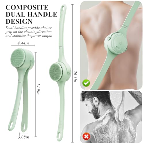 HANNEA® Electric Bath Brush 360° Rotatable Electric Shower Brush with 4 Replace Heads & 2 Modes 1200mAh USB Rechargeable Dual Handle Design Used for Exfoliating and Back Cleaning (Green) - Image 2
