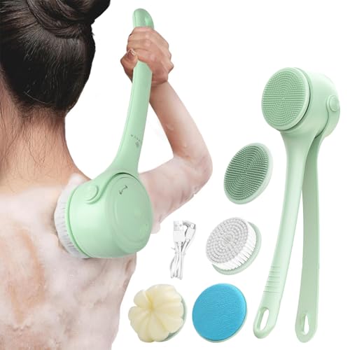 HANNEA® Electric Bath Brush 360° Rotatable Electric Shower Brush with 4 Replace Heads & 2 Modes 1200mAh USB Rechargeable Dual Handle Design Used for Exfoliating and Back Cleaning (Green) - Image 1