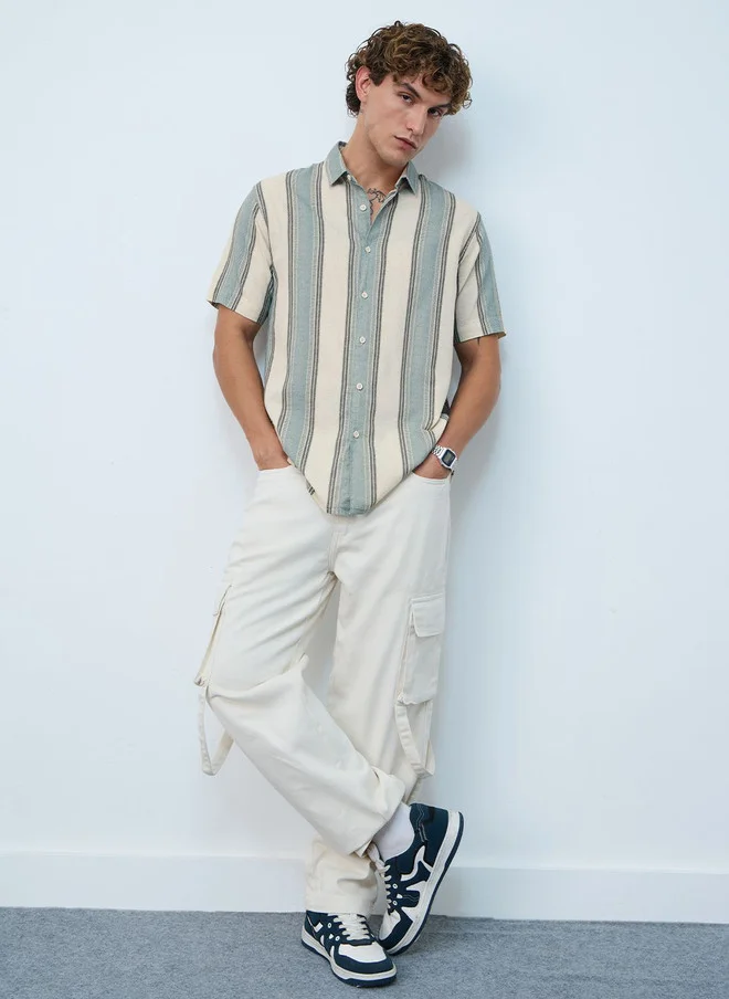 The Souled Store  The Souled Store Men Stripes Jade Haze Multicolor Regular Fit Cotton Linen Shirt  | Best Price UAE