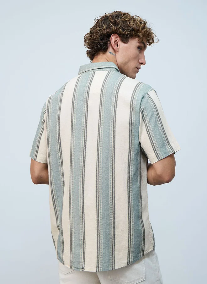 The Souled Store  The Souled Store Men Stripes Jade Haze Multicolor Regular Fit Cotton Linen Shirt  | Best Price UAE