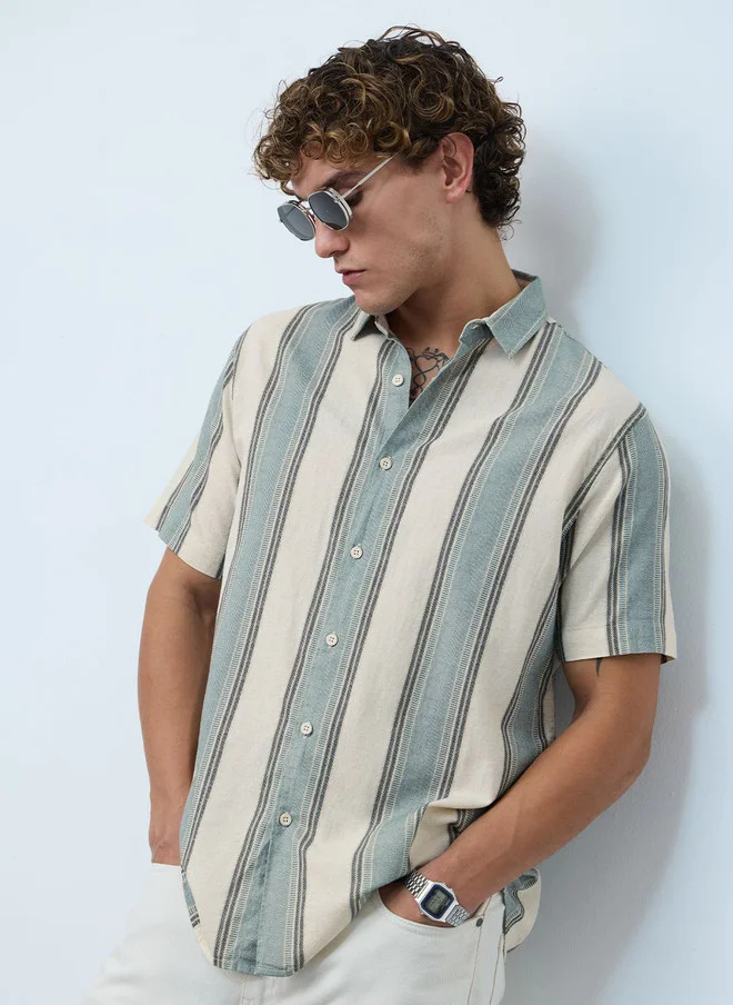 The Souled Store Men Stripes Jade Haze Multicolor Regular Fit Cotton Linen Shirt