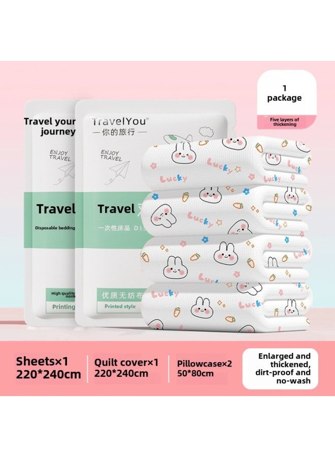 Disposable Bed Sheet Quilt Cover Bed Hat Four-piece Set Double Travel Dirty Winter Extra-large Thickened Household Hotel Supplies-Color:Double Suit [lucky Rabbit] Get 2 Pairs Of Socks With Purchase  - Image 1