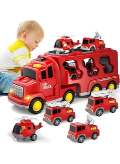 Garlo Toddler Carrier Truck Transport Vehicles Toys - 5 in 1 Toys for 3 4 5 6 7 Year Old Boys, Kids Toy Cars for Toddlers 1-3, Friction Power Set for Kids 3-9, Christmas for 3+ (5 in 1 Fire Truck)  - Image 1