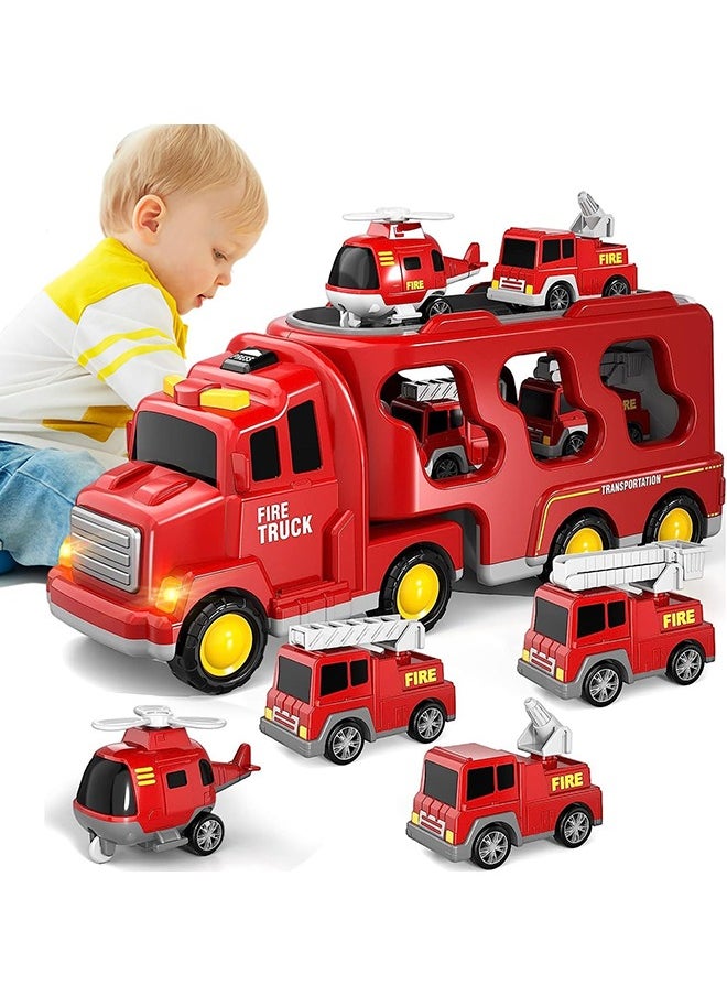 Garlo Toddler Carrier Truck Transport Vehicles Toys - 5 in 1 Toys for 3 4 5 6 7 Year Old Boys, Kids Toy Cars for Toddlers 1-3, Friction Power Set for Kids 3-9, Christmas for 3+ (5 in 1 Fire Truck)  - Image 1