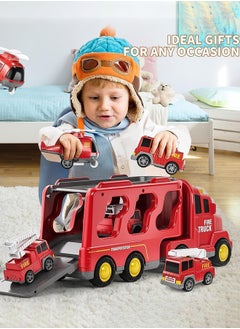Garlo Toddler Carrier Truck Transport Vehicles Toys - 5 in 1 Toys for 3 4 5 6 7 Year Old Boys, Kids Toy Cars for Toddlers 1-3, Friction Power Set for Kids 3-9, Christmas for 3+ (5 in 1 Fire Truck)  - Image 5