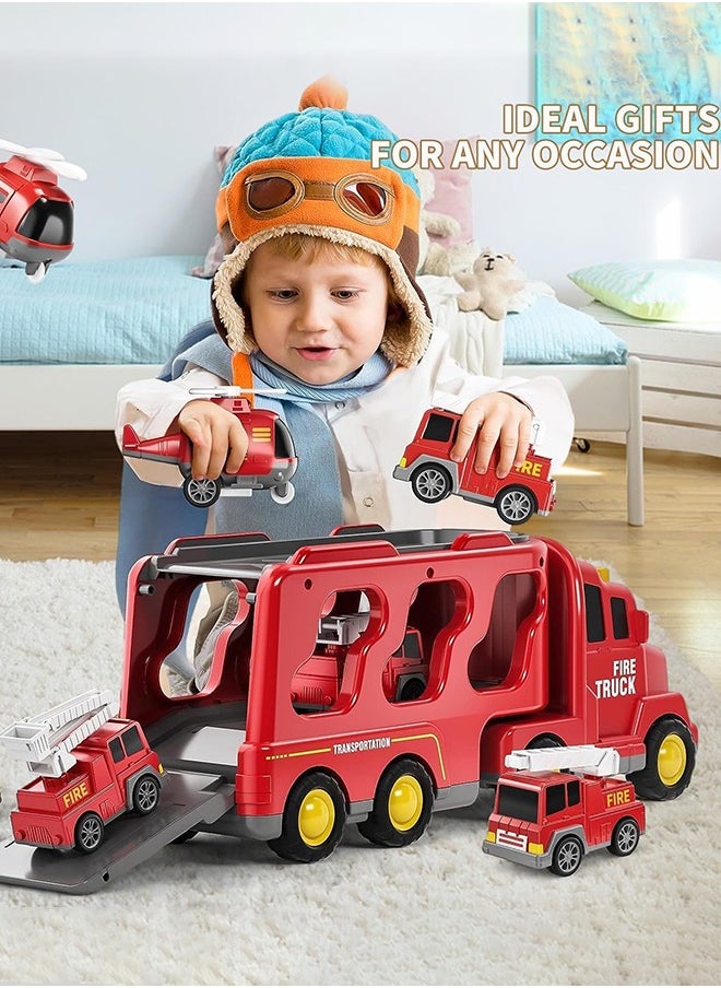 Garlo Toddler Carrier Truck Transport Vehicles Toys - 5 in 1 Toys for 3 4 5 6 7 Year Old Boys, Kids Toy Cars for Toddlers 1-3, Friction Power Set for Kids 3-9, Christmas for 3+ (5 in 1 Fire Truck)  - Image 5