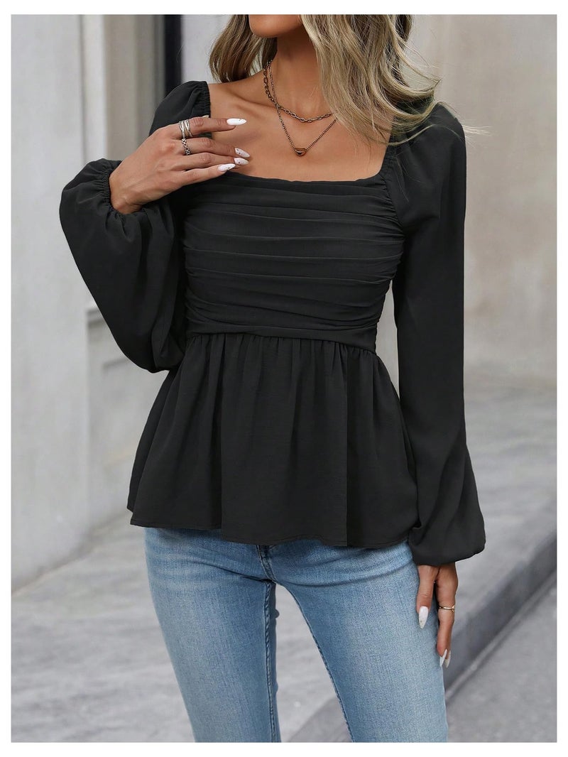 Floerns Women's Bishop Long Sleeve Ruched Square Neck Ruffle Hem Peplum Blouse Top Black Medium - Image 4