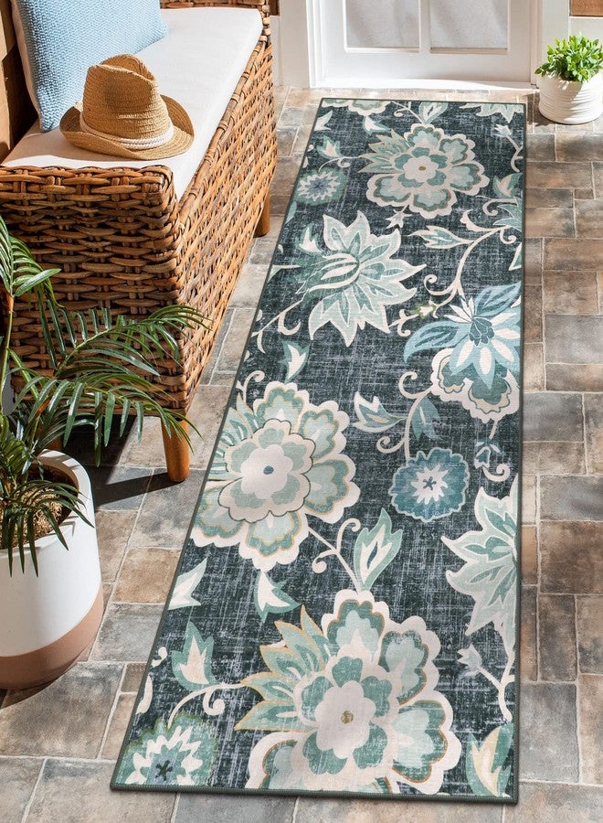 Beeiva Floral Rug Runners for Hallways, 2x5 Blue Kitchen Runner Rug Washable, Modern Plant Non-Shedding Bathroom Front Door Rug Non-Slip Hallway Runner Rug for Entryway Bedroom Kitchen - Image 1
