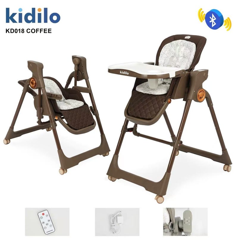 Kidilo KD018 Electric Baby High Chair & Rocking Swing | Bluetooth Music, Remote Control & Control Panel | Detachable Feeding Tray | Adjustable Recline | 5-Point Harness | Foldable Design | Lockable Wheels