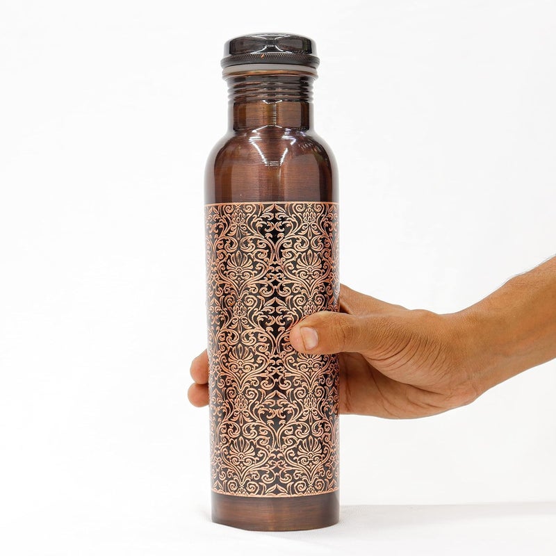 AMARY Antique Engraved Pure Copper Bottle Seamless Leakproof BPAFree Ayurvedic Health Benefits Ideal for Travel Office Gym Yoga Home 1L - Image 1