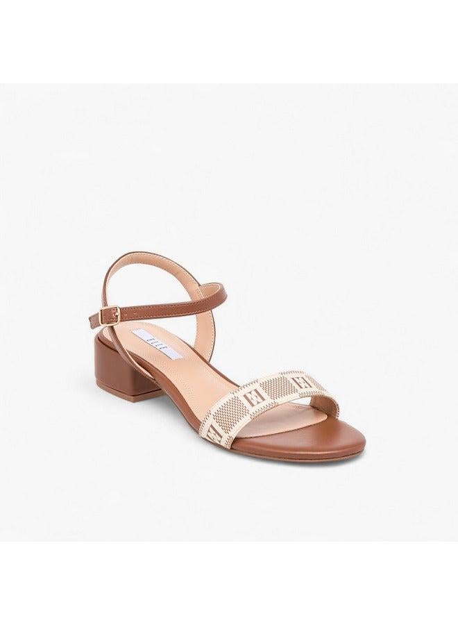 ELLE Women's Damier Logo Detail Block Heel Sandals with Buckle Closure - Image 1