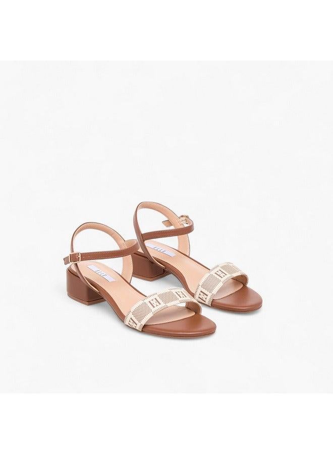 ELLE Women's Damier Logo Detail Block Heel Sandals with Buckle Closure - Image 3