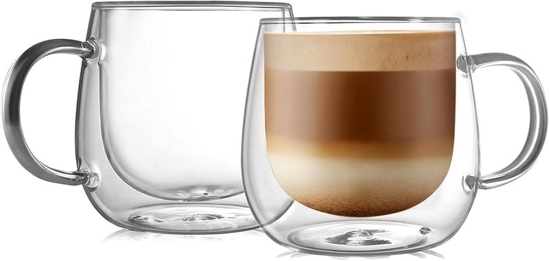 CnGlass 480ml/16oz Double Walled Glass Coffee Mugs Set of 2,Large Clear Coffee Cups with Handle,Glass Cappuccino Mugs for Latte,Milk,Tea - Image 1