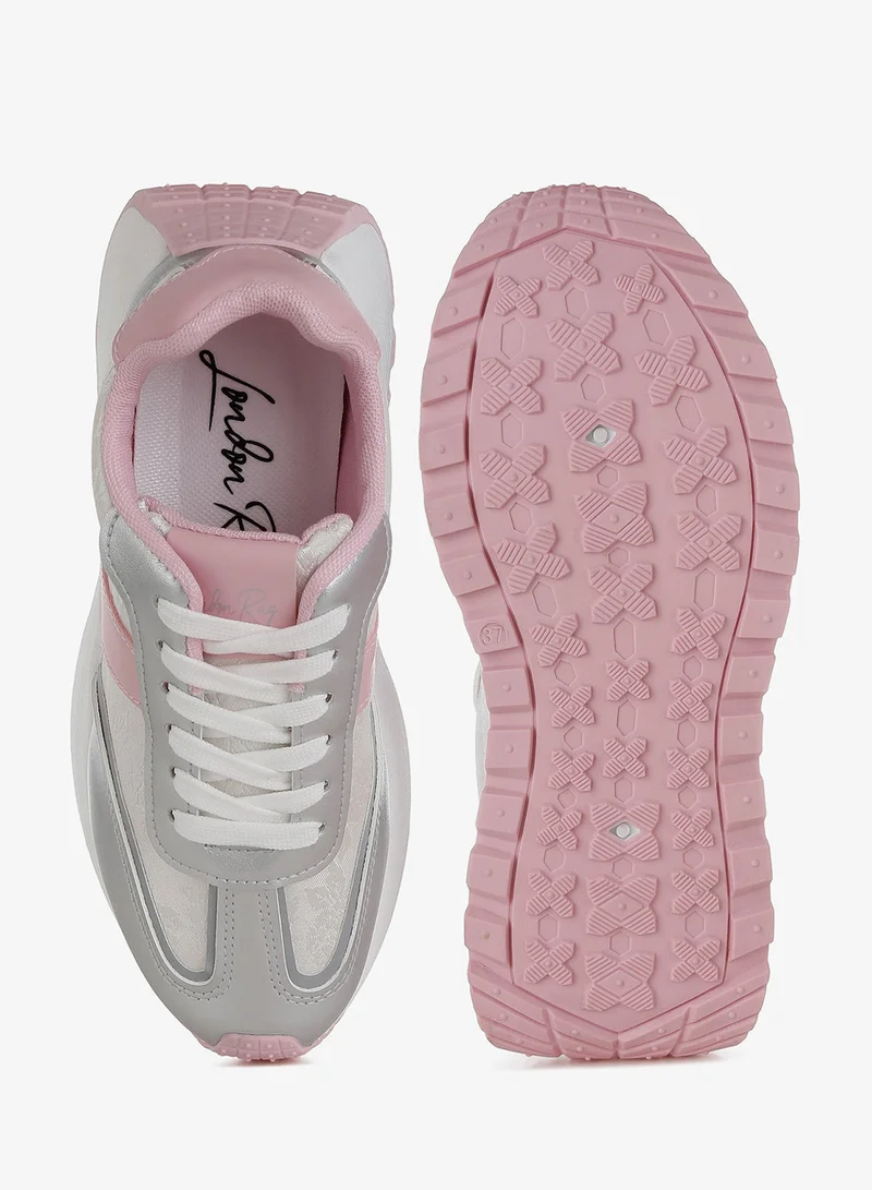 London Rag Silver and Pink Print Embroidery Detail Metallic Sneakers in Silver and Pink for Women | Best Price UAE
