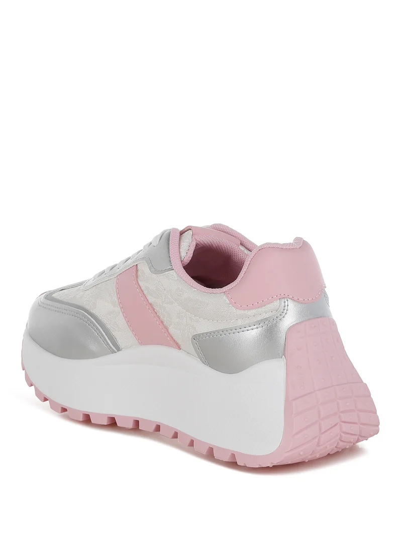 London Rag Print Embroidery Detail Metallic Sneakers in Silver and Pink
