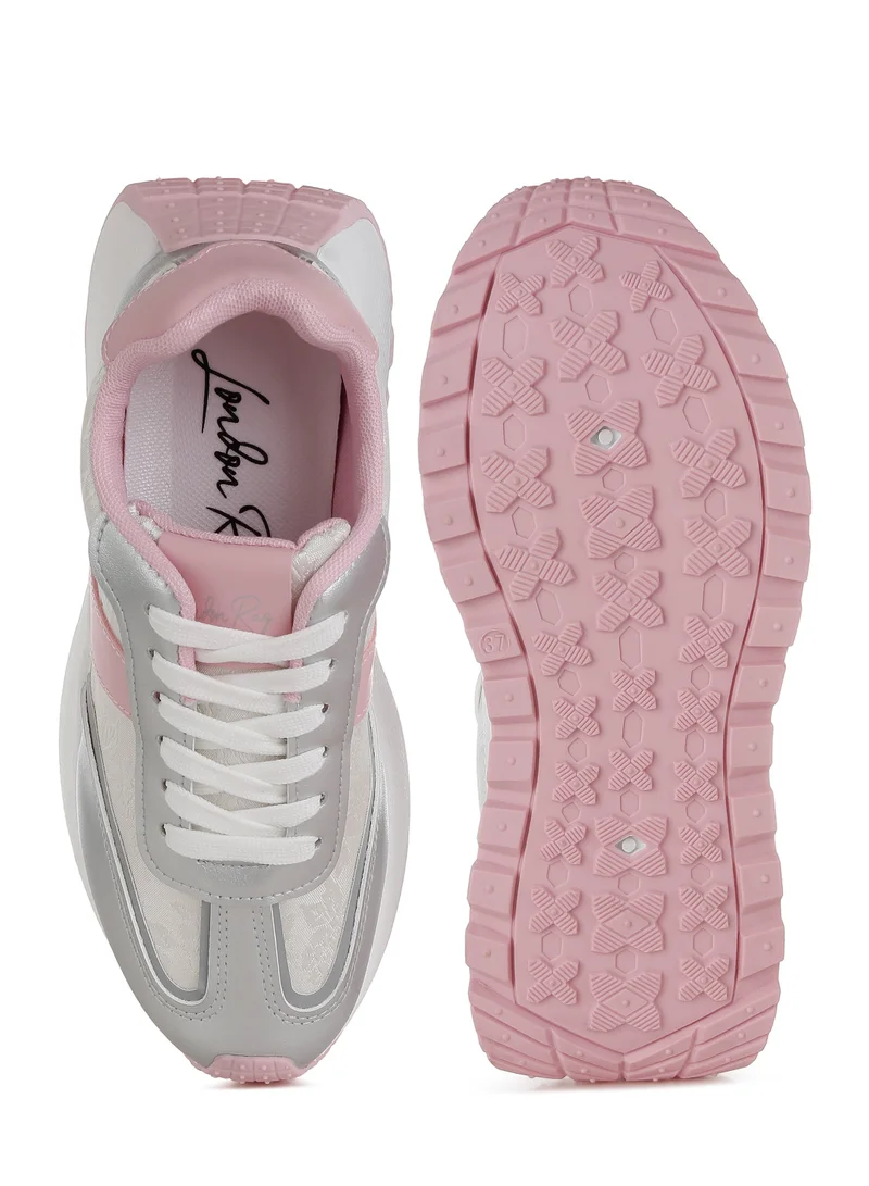 London Rag Print Embroidery Detail Metallic Sneakers in Silver and Pink