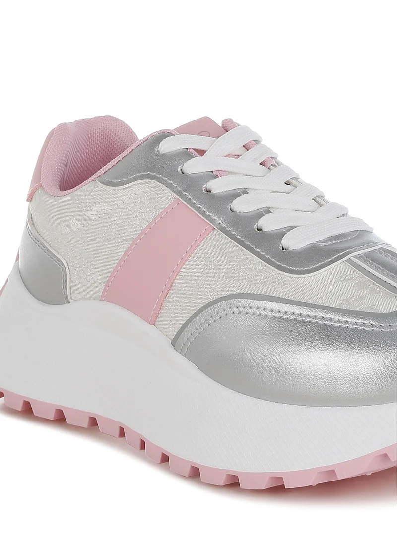 London Rag Print Embroidery Detail Metallic Sneakers in Silver and Pink