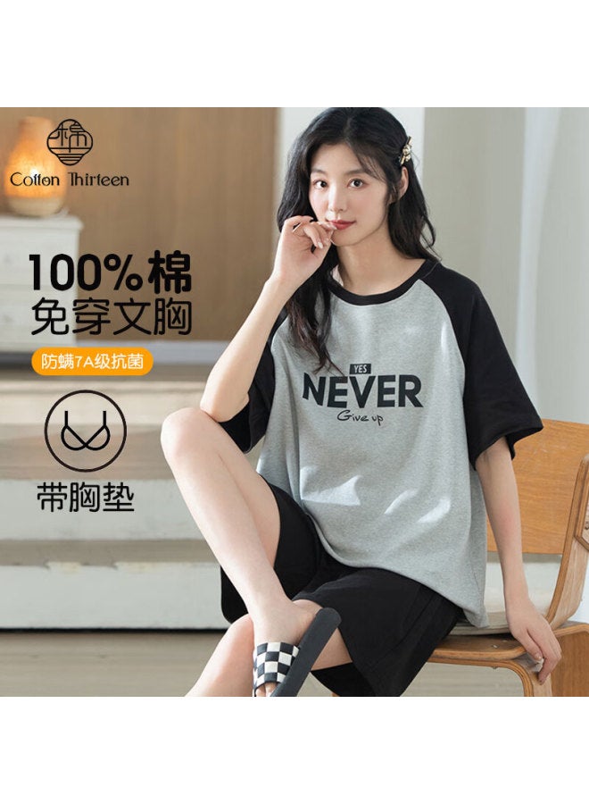 Cotton Thirteen Women's Pajamas 100% Pure Cotton Summer Thin Short Sleeve Shorts Set With Chest Pad Loose Summer Home Wear Suit