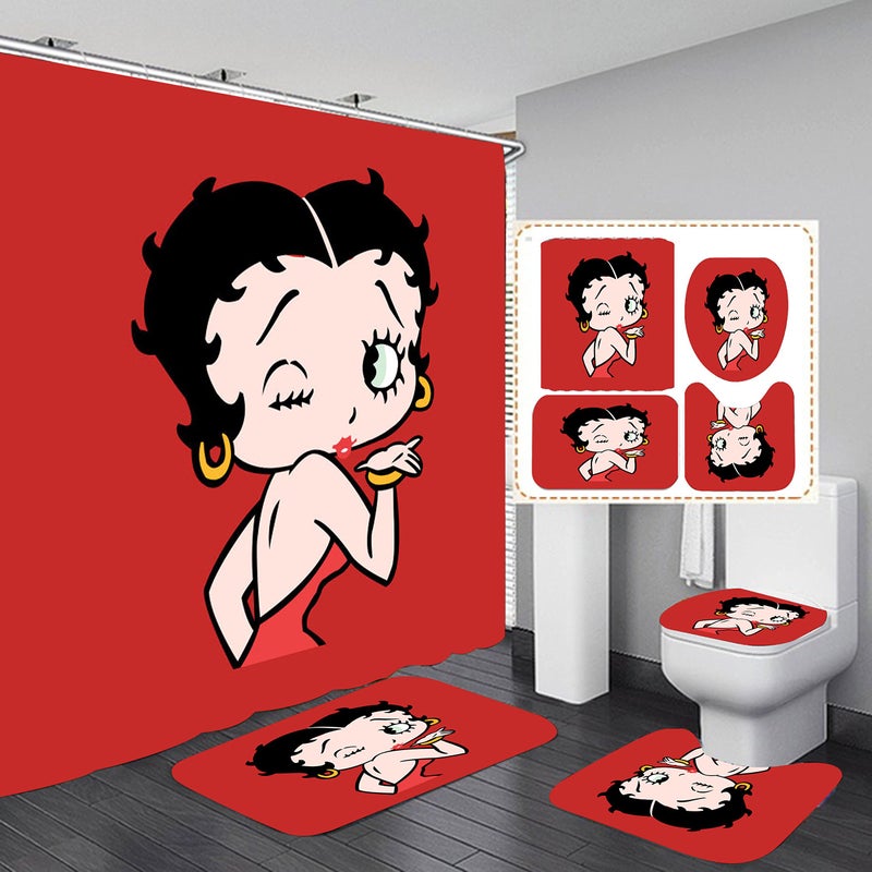Frameless Betty Red Bathroom 4 Pieces Set Shower Curtain, Toilet Lid Cover and Bath Mat, Non-Slip Rugs, Durable and Waterproof, for Bathroom Decor Set, 72" x 72" - Image 1