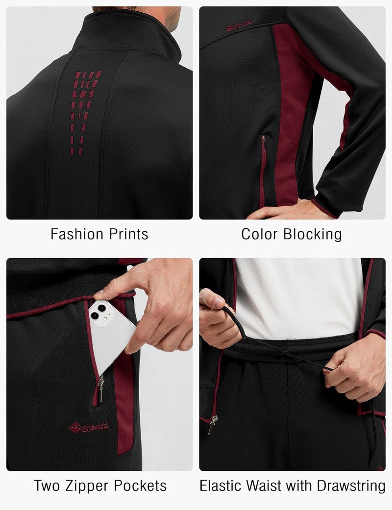 Rdruko Men's Tracksuit Athletic Full Zip Casual Sports Outfit Jogging Gym Sweatsuit(Black+Red,US M) - Image 5